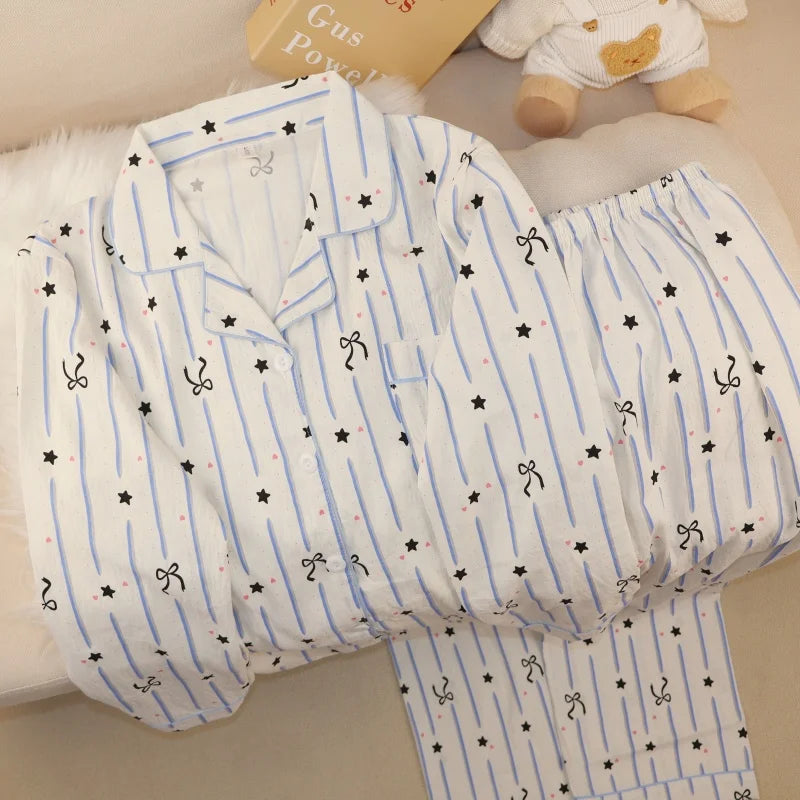 KAELAH Mickey Mouse Strip Print Woman's Pajamas Set Autumn Winter Loungewear