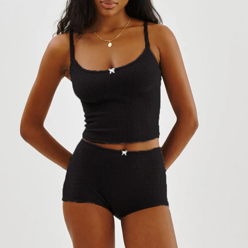 KALEAH Cotton Lounge Set Long Sleeve/Spaghetti Strap Ribbed Knit Crop Top Bodycon
