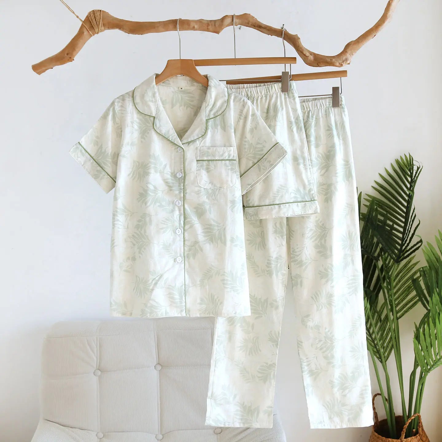 KAELAH Love Checkered Cotton Gauze Thin Short Sleeve+Shorts+Pants Simple