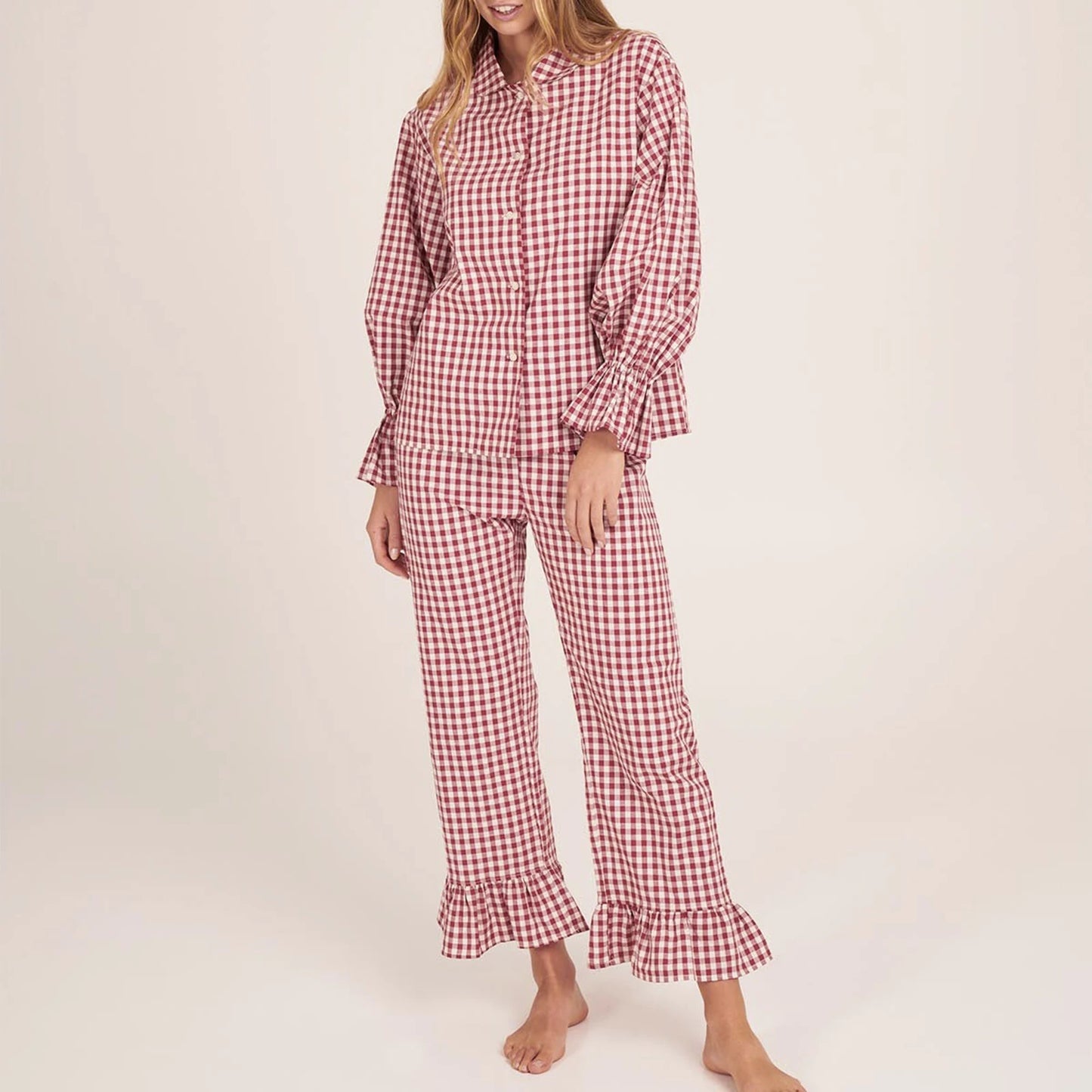 KAELAH Women Y2k Pajama Set Plaid Flare Cuff Long Sleeve