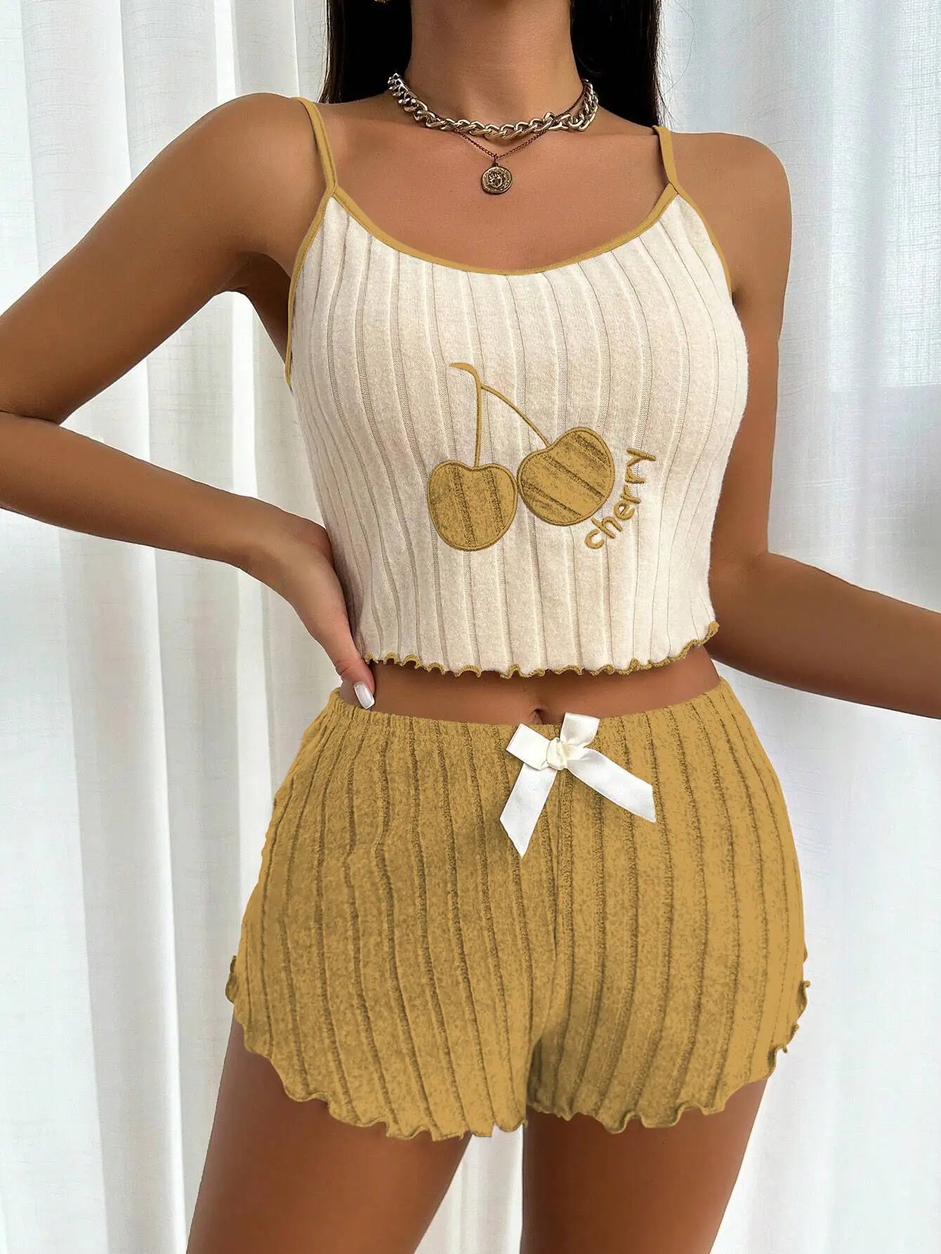 KAELAH Summer 2pcs Pajamas Set for Women Casual Simple Ground Wool Halter Vest