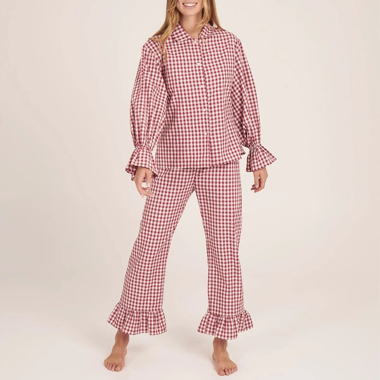 KAELAH Women Y2k Pajama Set Plaid Flare Cuff Long Sleeve