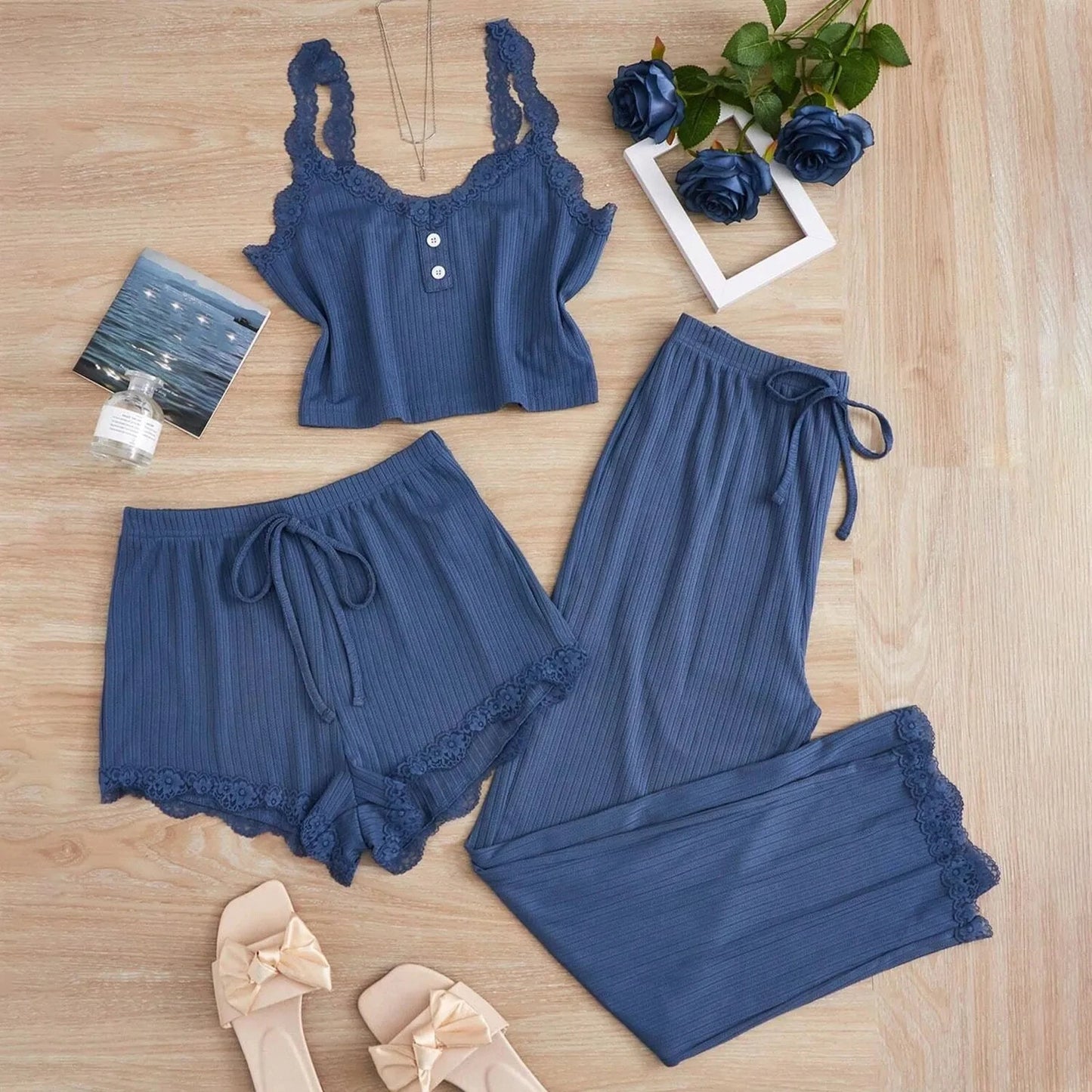 KAELAH Summer 3PCS Pajama Sets Solid Vest Shorts and Pants Paired