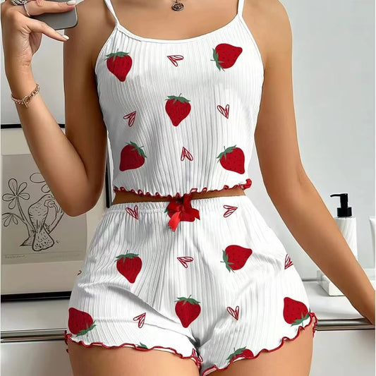KAELAH Strawberry Print Ribbed Knit Ice Silk Camisole Pajama Set Comfortable