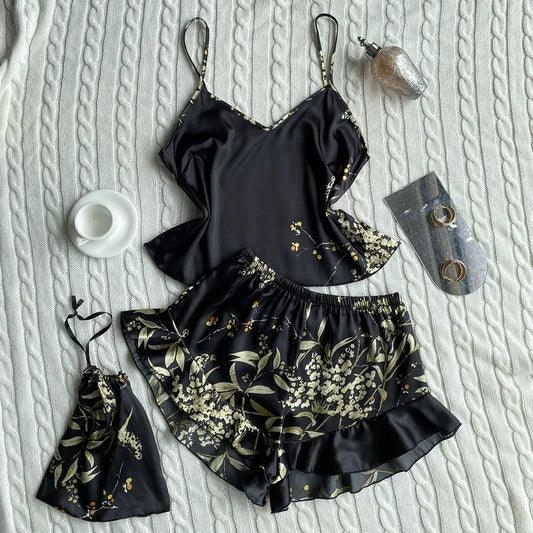 KAELAH 3 Pcs Silk Floral Print Suspenders Tops and Shorts with Hanging Bag