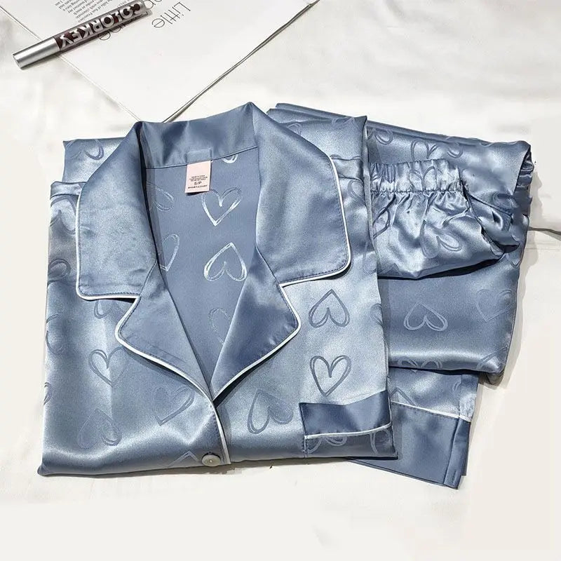 KALEAH ice silk pyjamas, ladies' long-sleeved lace green premium feeling two-piece set