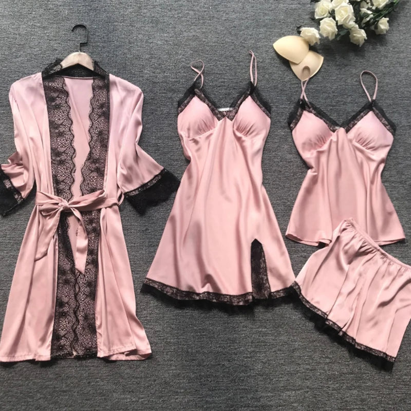 KAELAH 4 Pieces Women's Sexy Lace Pajamas Fashion V-Neck Gown Comfort