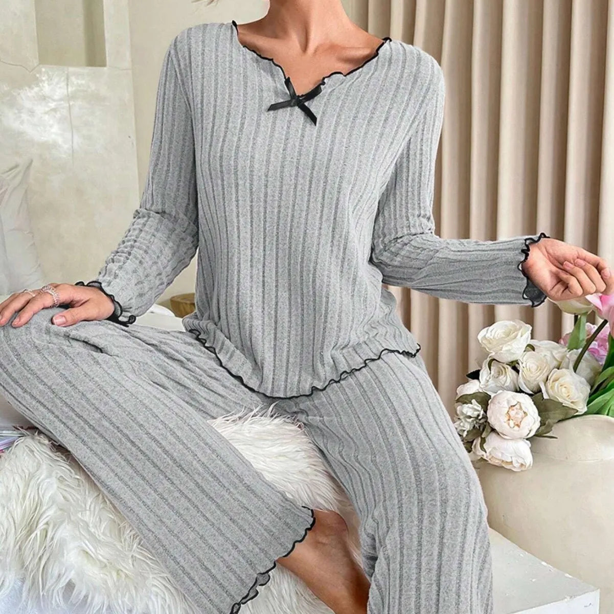 KAELAH Sleepwear Ribbed Pajamas Set Long Sleeve Top and Long Pants