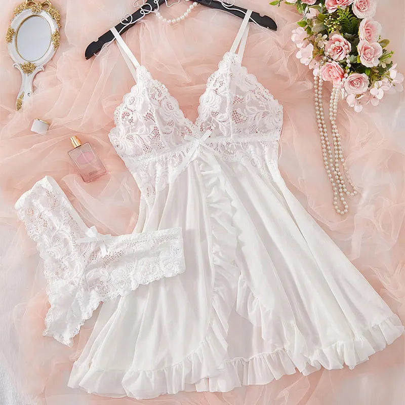 KAELAH Cute Suspender Summer Ultra-thin Nightgown Lace Thong Sets Women's Sexy Pyjamas Lingerie