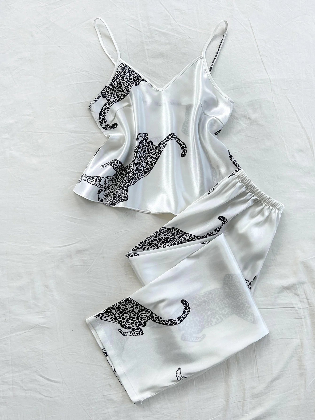 KAELAH Elegant V Neck Leopard Print Suspender Long Pants Pajama Set