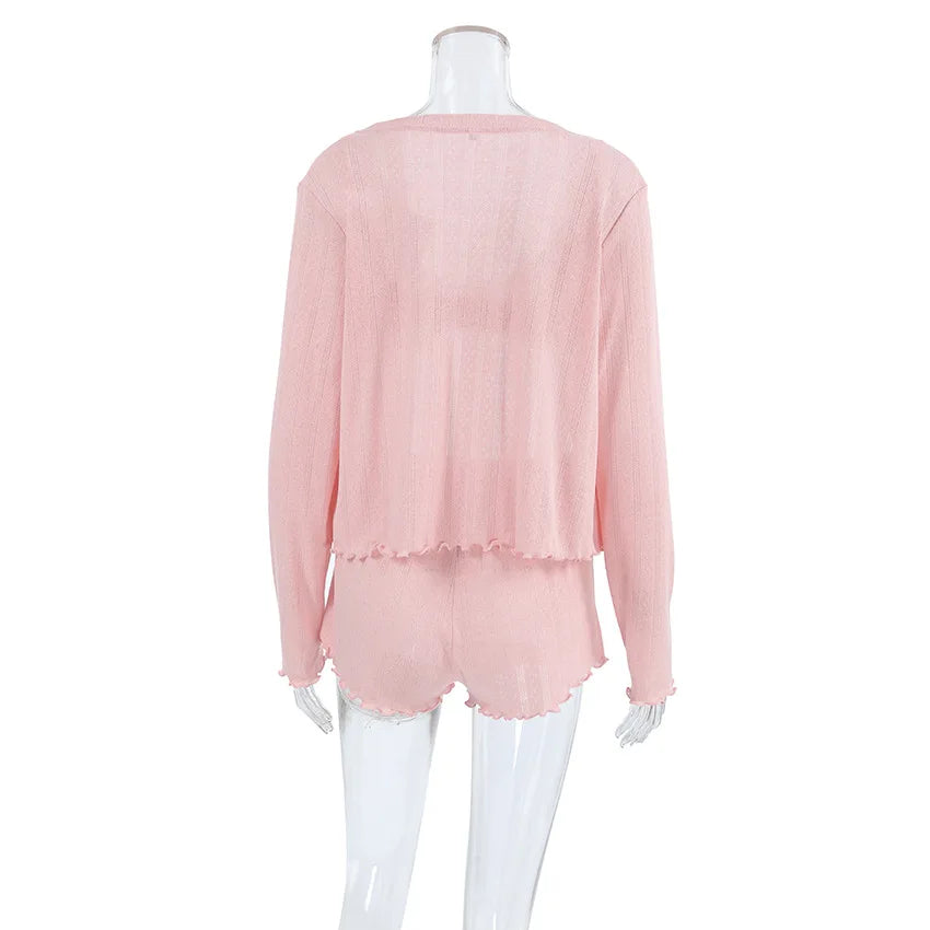 KAELAH Three Pieces Suit for Women Ruffle Trim Bra+Shorts+Coat