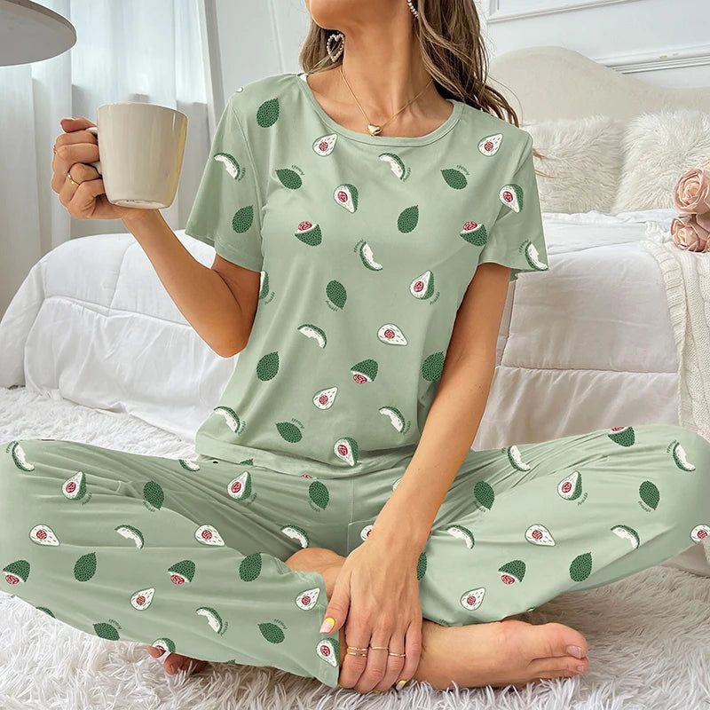 KAELAH Cartoon Print Pajama Set Short Sleeve Top Long Pants Soft Comfortable Sleepwear