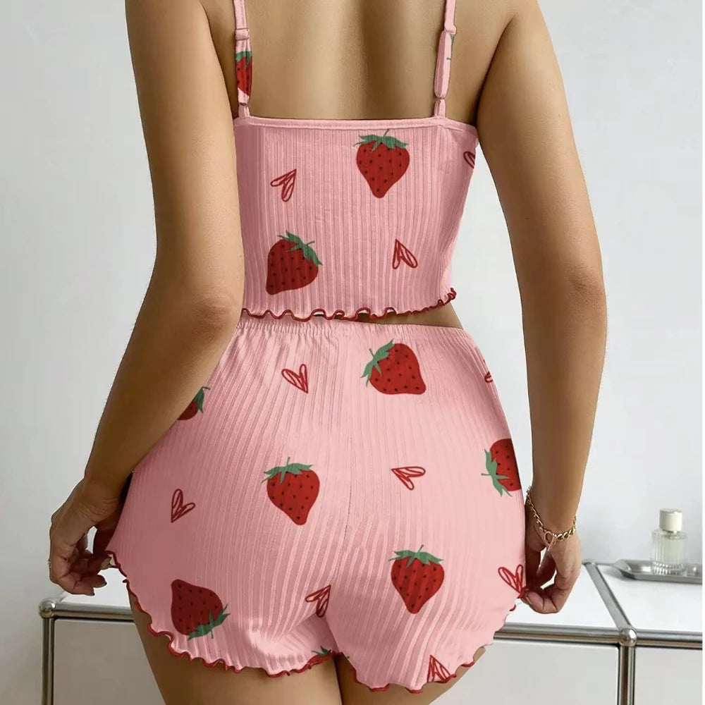 KAELAH Strawberry Print Ribbed Knit Ice Silk Camisole Pajama Set Comfortable