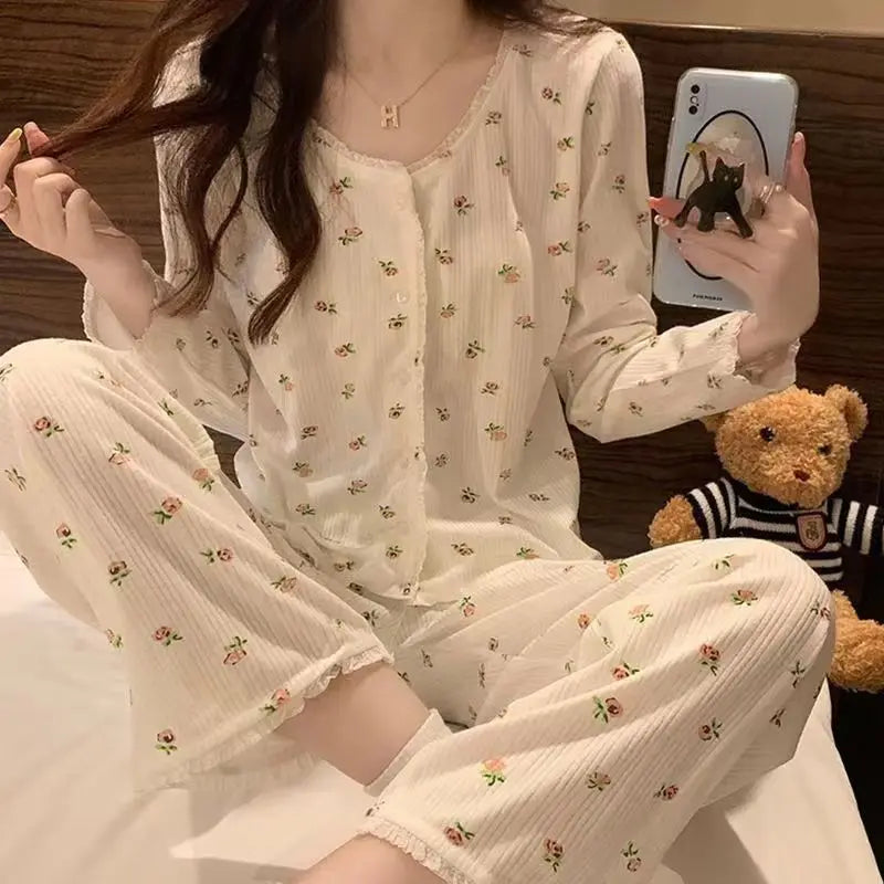 KAELAH Cherry Three-Piece Pajamas Female Long-Sleeved Sling Ladies