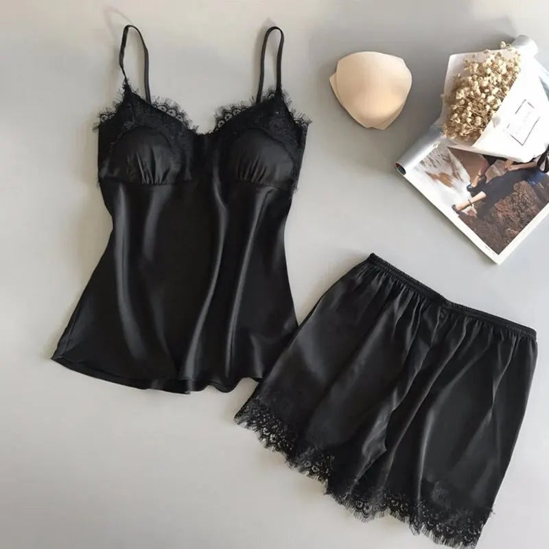 KAELAH  Pajama Suit Fashion V-Neck Stretch Satin Babydoll Lace Sexy Lingerie Bowknot
