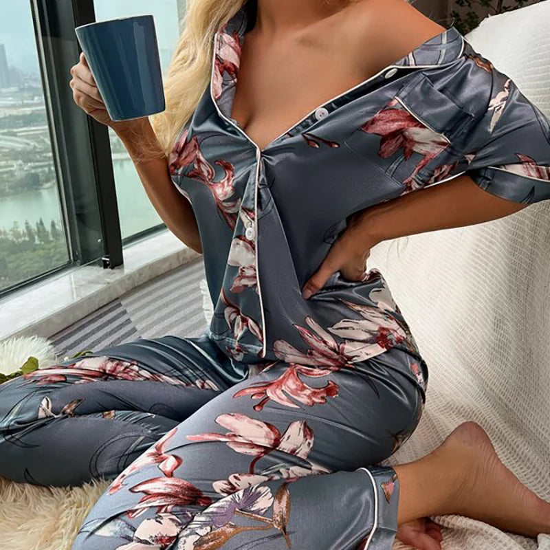 KAELAH Striped Printed Silk Satin Summer Nightwear Trouser Suits