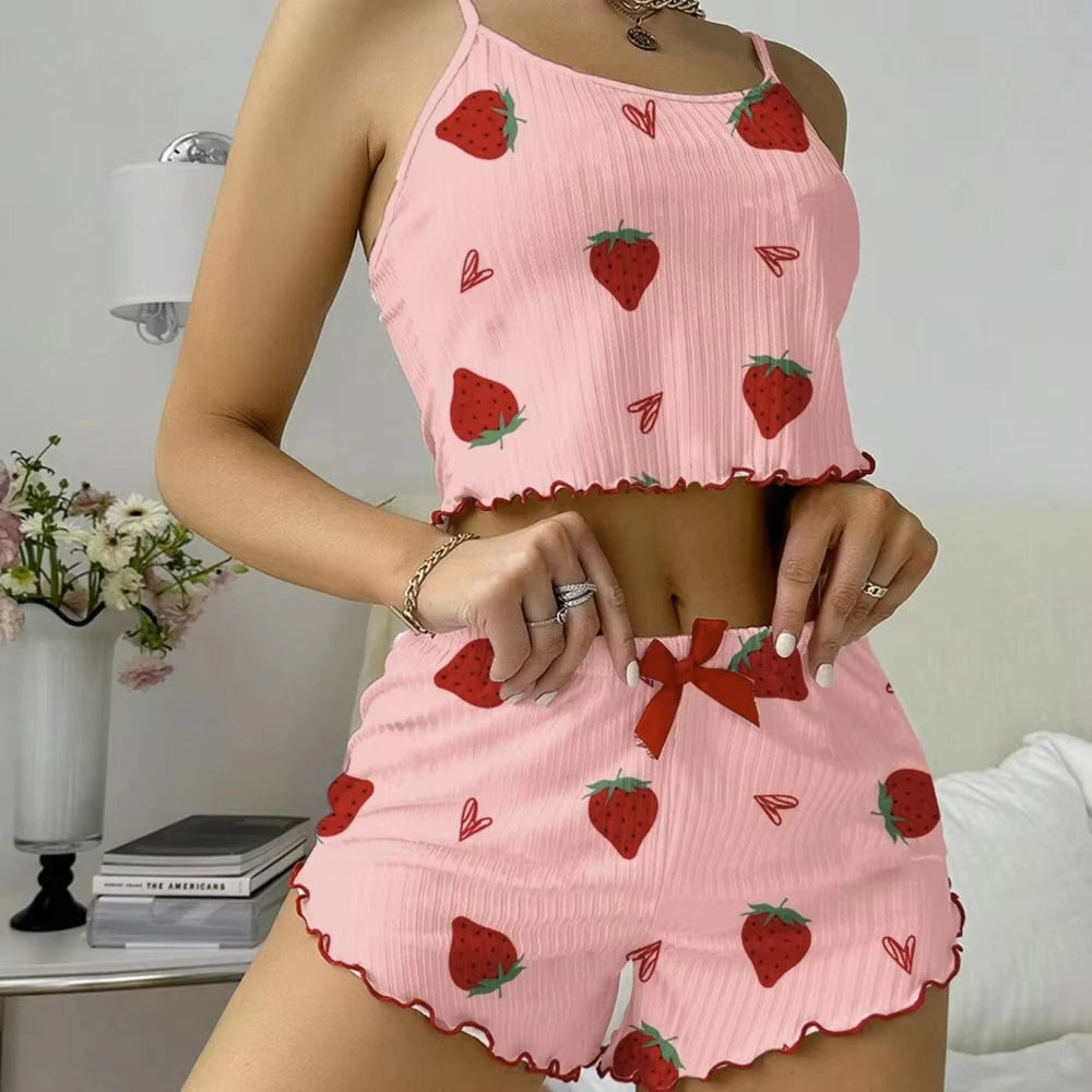 KAELAH Strawberry Print Ribbed Knit Ice Silk Camisole Pajama Set Comfortable
