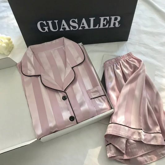 KALEAH 2Pcs/set Ice Silk Women's Pajamas Short Sleeve Short Pants Silk Home
