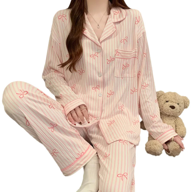 KAELAH Soft Comfortable cute Bow Pink Print Pajama Set