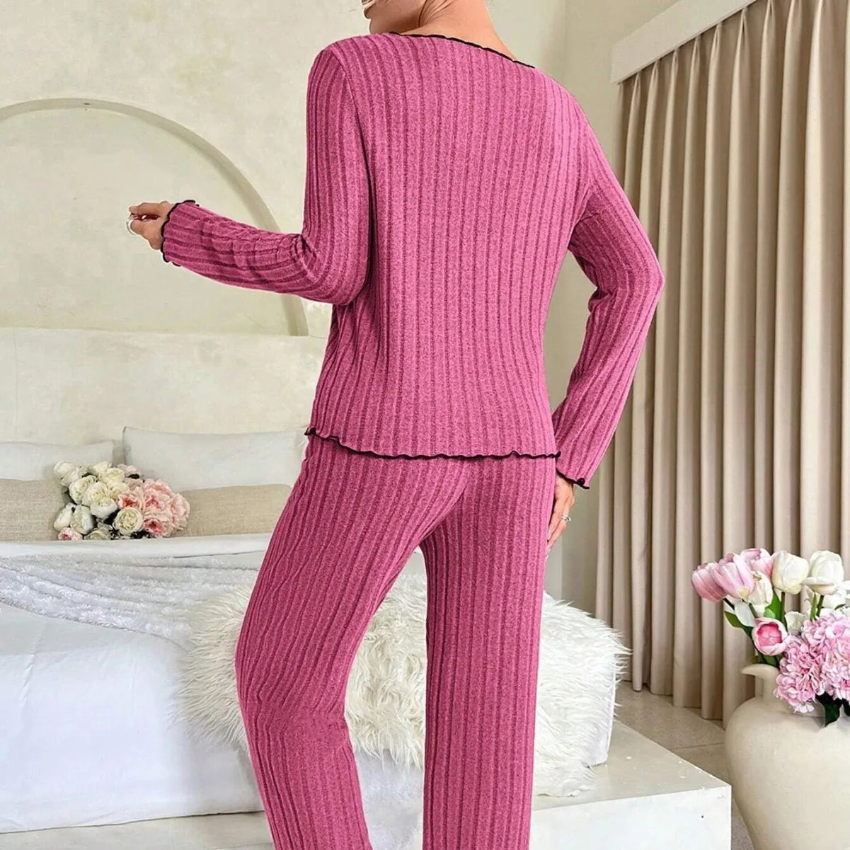 KAELAH Sleepwear Ribbed Pajamas Set Long Sleeve Top and Long Pants