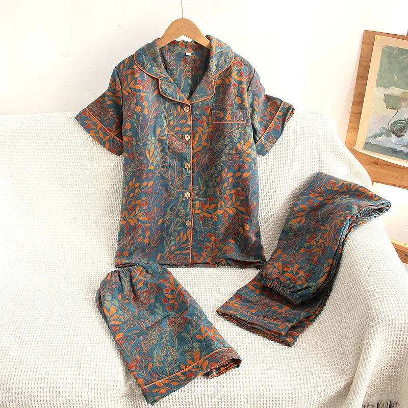 KAELAH Three Piece Cotton Jacquard Yarn Woven Floral Printed Cardigan