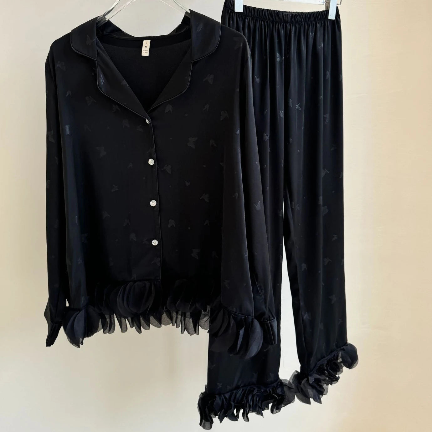 KAELAH Set French Style Ruffled Ice Silk Trouser Pijamas Suit Loungewear