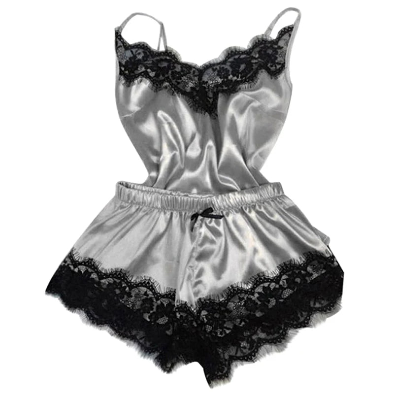 KAELAH Lace Satin Pajama Set for Women Sleepwear V-Neck Stretch Sexy Lingerie Strap Vest