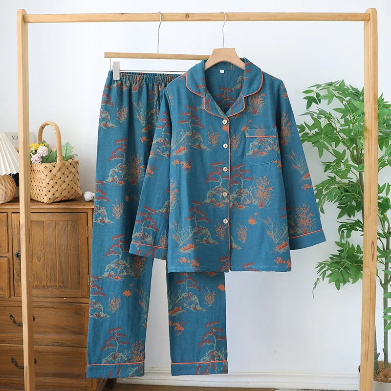 KAELAH new spring and summer women's pajamas suit long-sleeved trousers two-piece crepe flower