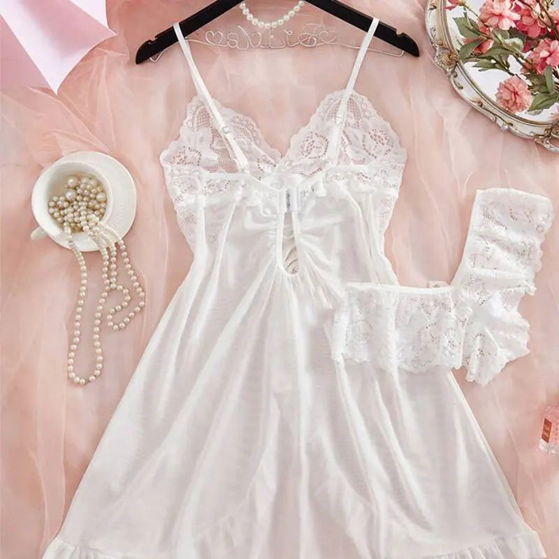 KAELAH Set Pink Cute Sweet Nightdress And Panty Pijamas Suit Sleeveless Halter