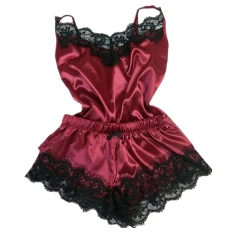 KAELAH Lace Satin Pajama Set for Women Sleepwear V-Neck Stretch Sexy Lingerie Strap Vest