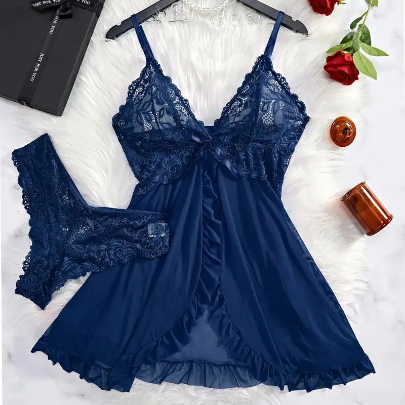 KAELAH Cute Suspender Summer Ultra-thin Nightgown Lace Thong Sets Women's Sexy Pyjamas Lingerie