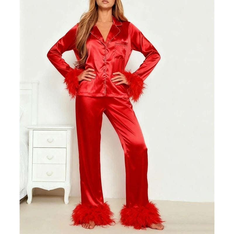KAELAH Perfect Silk Satin Set Feather Trim Cuff 2 Piece Loungewear