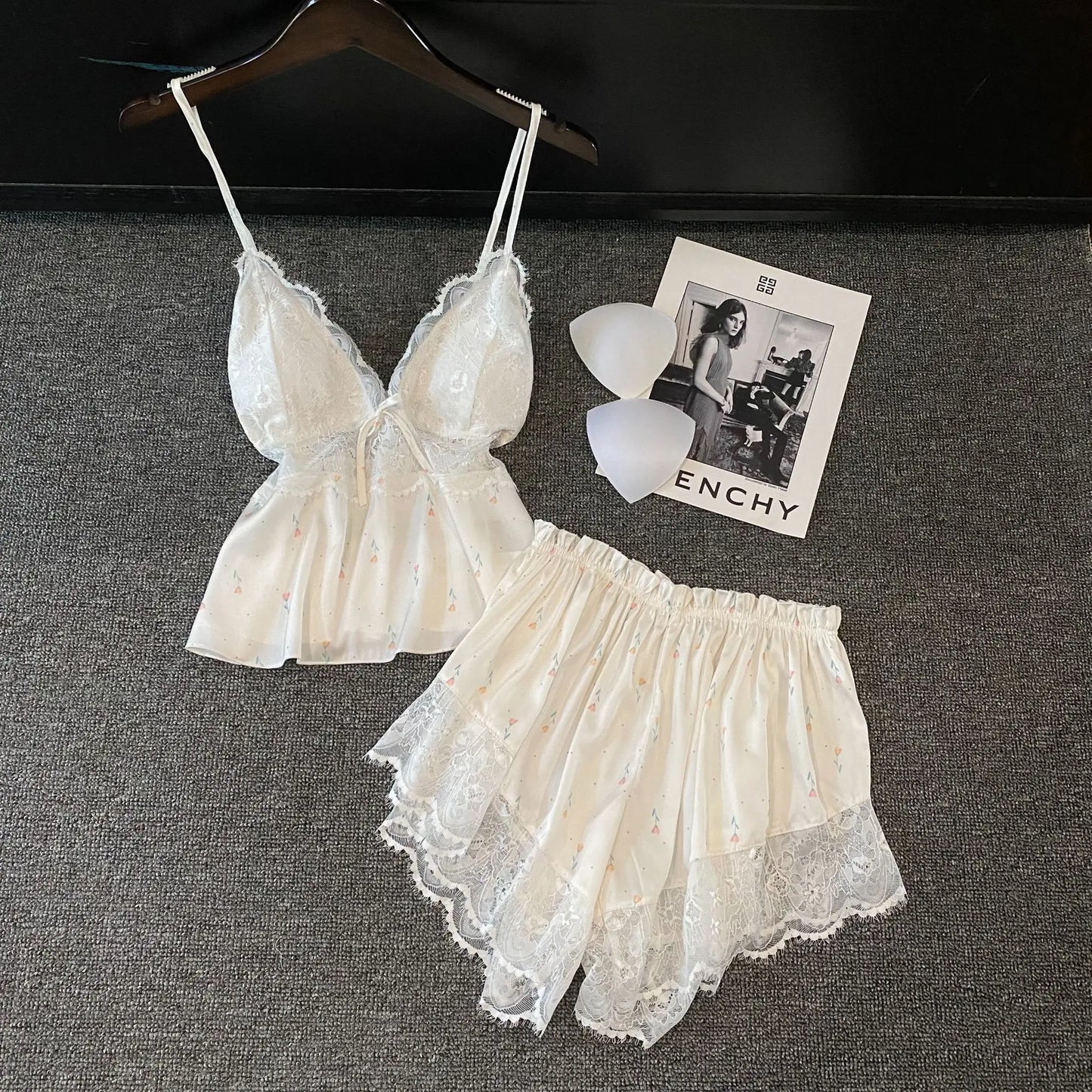 KAELAH Lingerie Two Piece Lace Sleepwear Set Sexy Sleeveless Pijamas Suit Satin