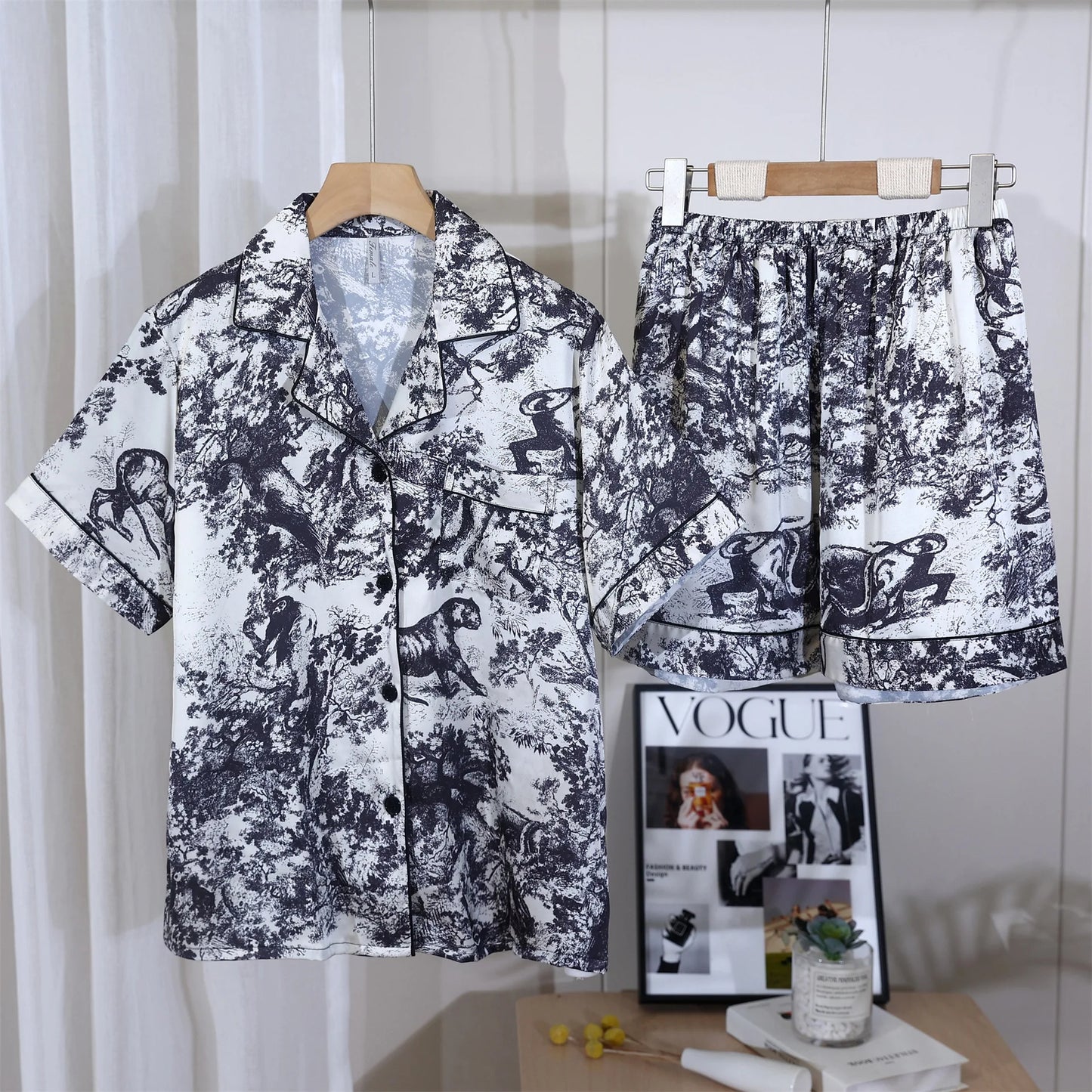 KAELAH Print Design Ice Silk Pajamas Women's Spring Summer Long Sleeves