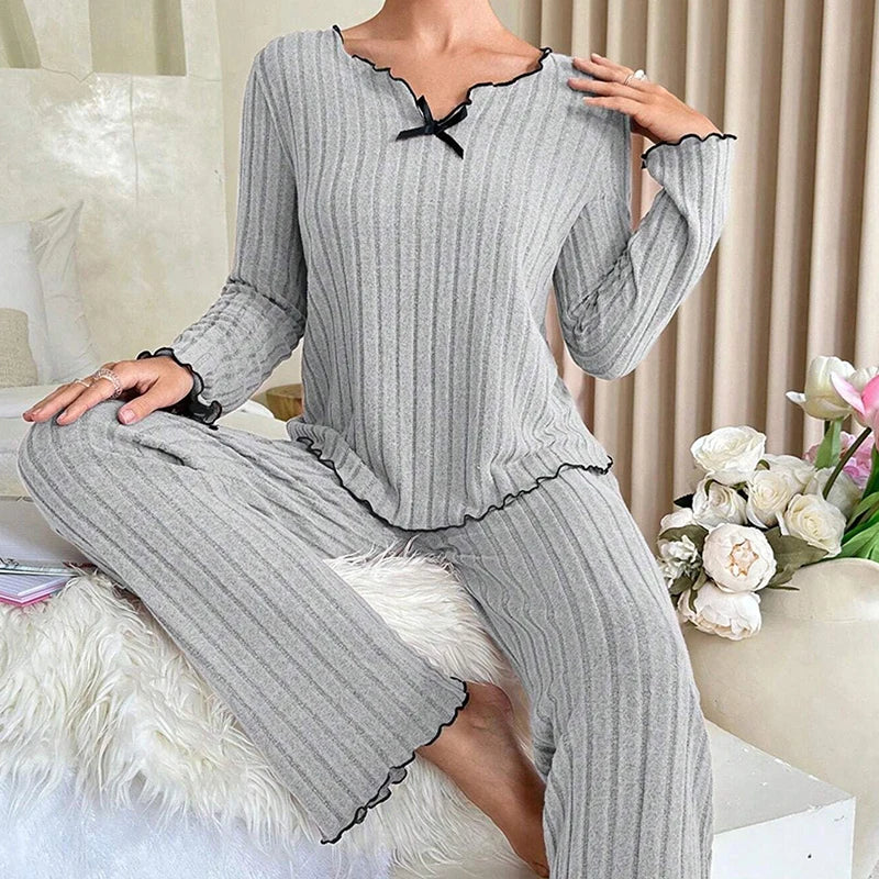 KAELAH Feminine Autumn Winter Sleepwear Ribbed Pajamas Set Long Sleeve Top