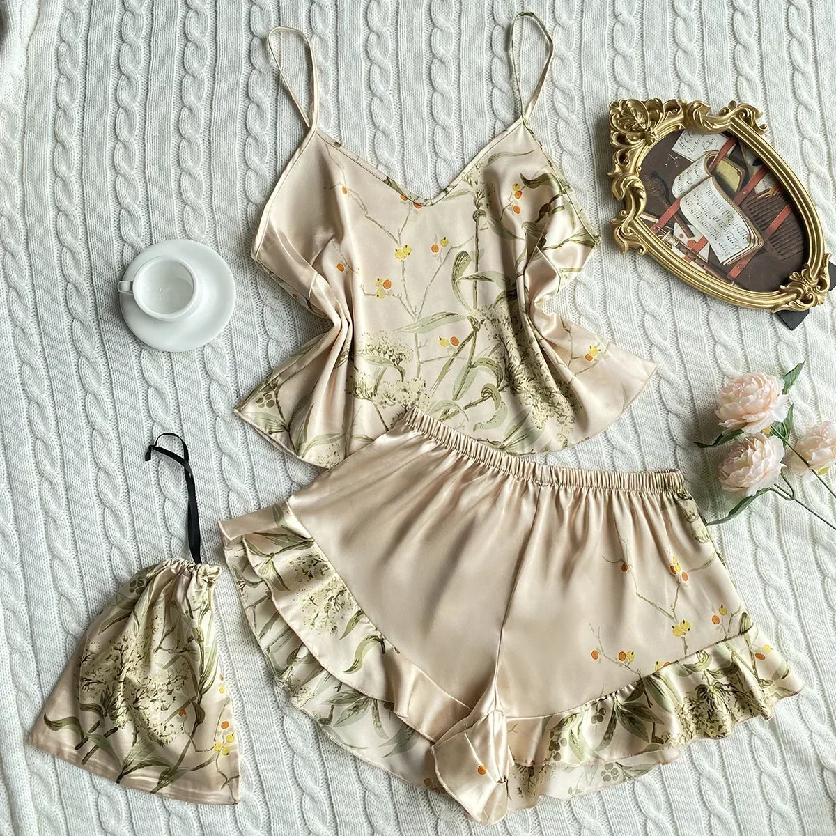 KAELAH 3 Pcs Silk Floral Print Suspenders Tops and Shorts with Hanging Bag