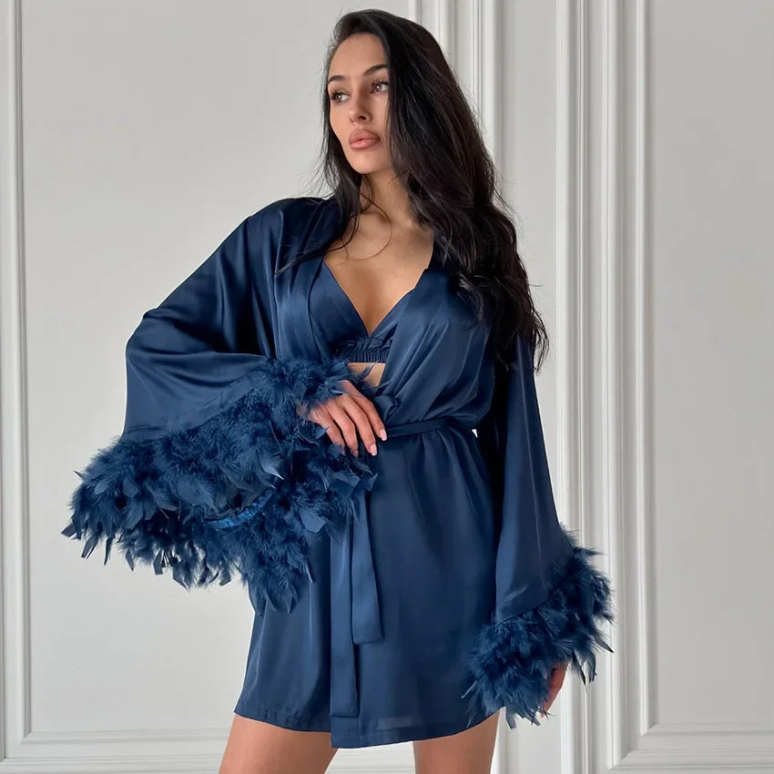 KAELAH Shorts Nightgown Three-piece Set, Imitation Silk, Loungewear, Feather Pajamas