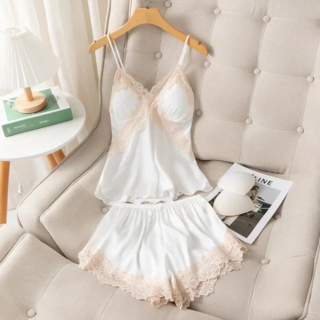 KAELAH Daeyard Sexy Lace Cami and Shorts 2 Pieces Pajama Set Silk Floral