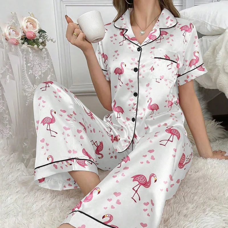 KAELAH Elegant Satin Sleepwear Pj Set Flower Print Short Sleeve