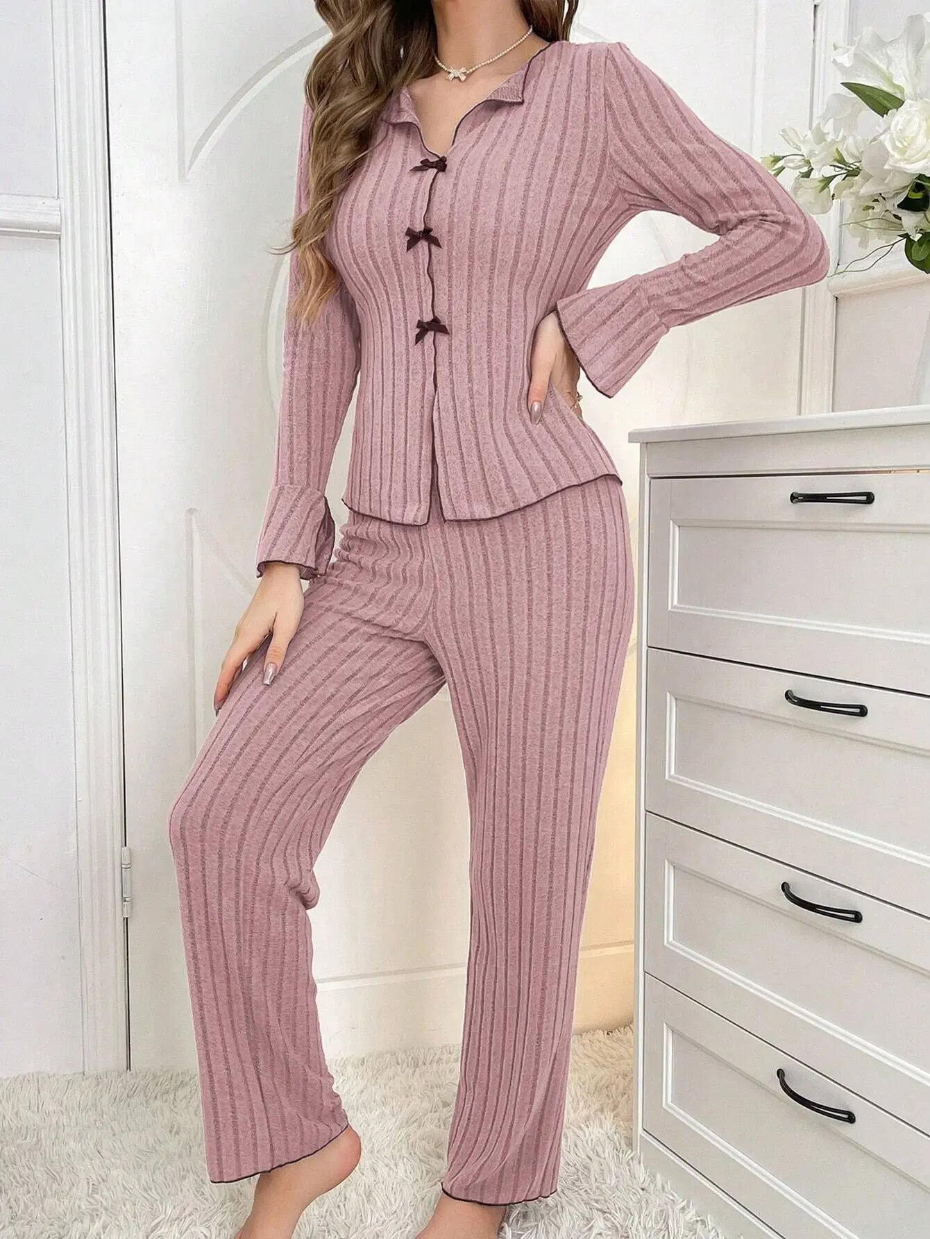 KAELAH Autumn and Winter Pure Color Elegant Bow Women's Simple Long-Sleeved Pants Pajama Set