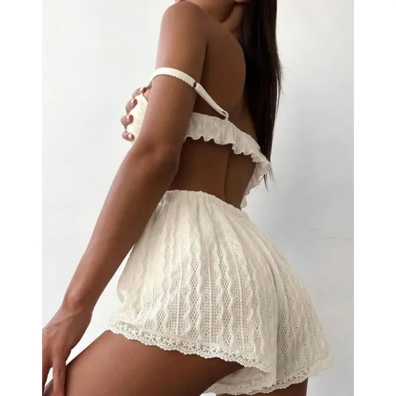 KAELAH Fashion Lace Trim Ruffle Hem U-Neck Strap Cable Textured Cami & Casual Home