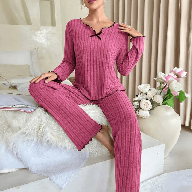 KAELAH Feminine Autumn Winter Sleepwear Ribbed Pajamas Set Long Sleeve Top
