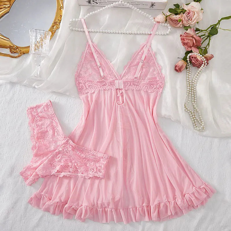KAELAH Cute Suspender Summer Ultra-thin Nightgown Lace Thong Sets Women's Sexy Pyjamas Lingerie