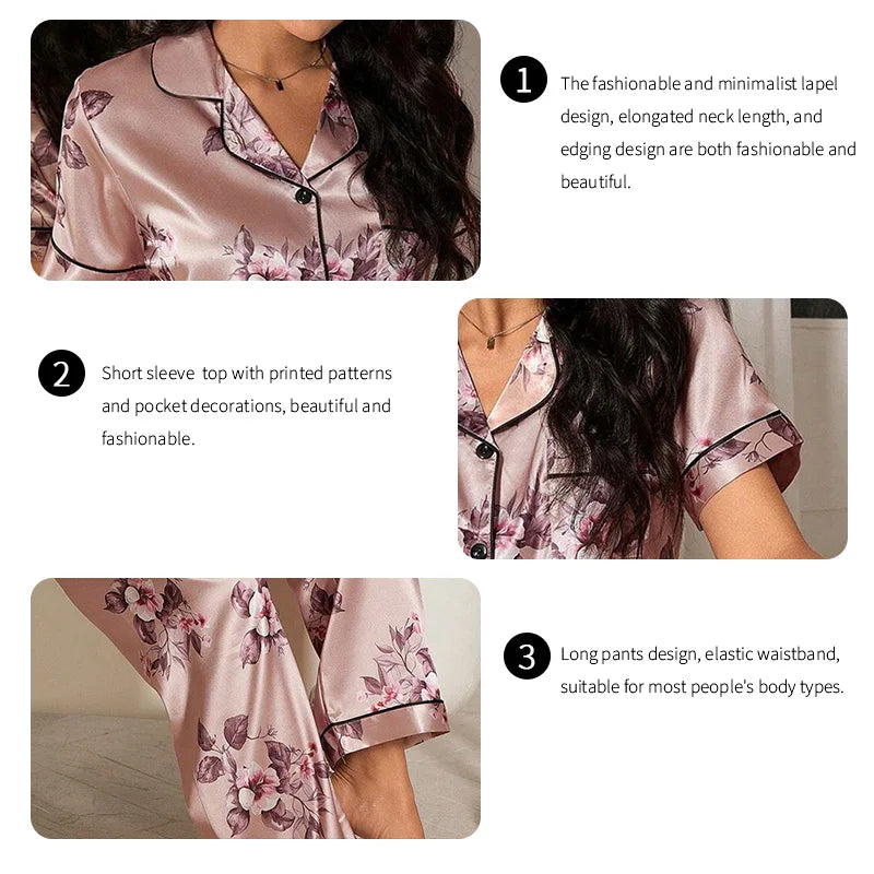 KAELAH Elegant Satin Sleepwear Pj Set Flower Print Short Sleeve