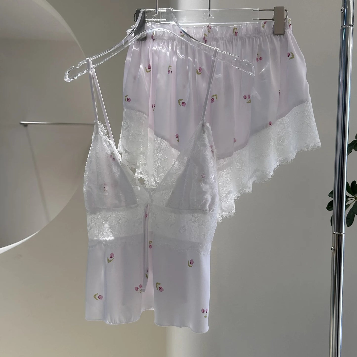 KAELAH Lingerie Two Piece Lace Sleepwear Set Sexy Sleeveless Pijamas Suit Satin