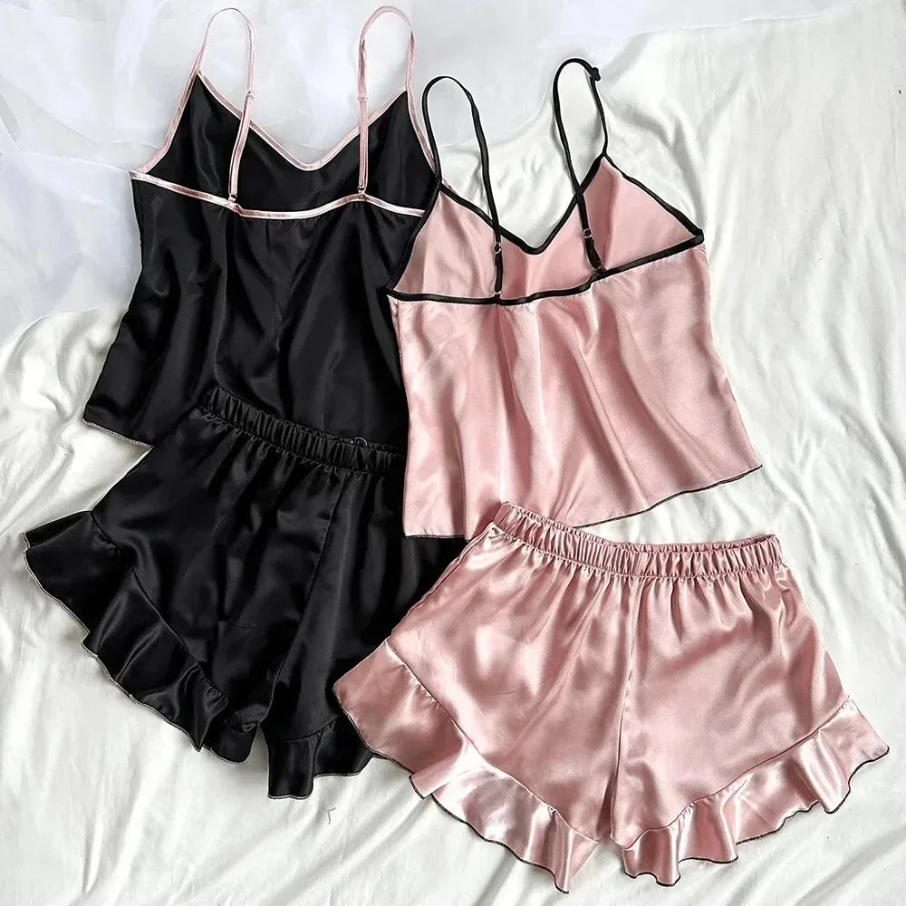 KAELAH Smooth Satin Pajamas V-Neck Top Ruffled Edges and Bow Shorts Simple and Breathable Set