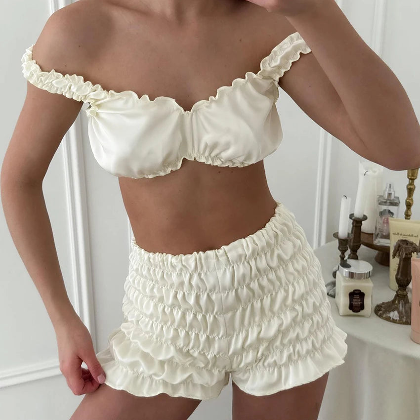 KAELAH Sexy Satin Sleepwear women's pajamas Crop Top Vest With Ruch Elastic Waist