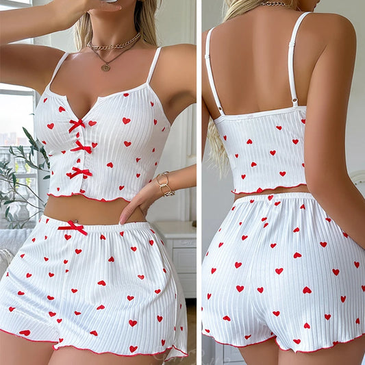 KAELAH Set Heart Print Soft Ribbed Fabric with Flirty Frill