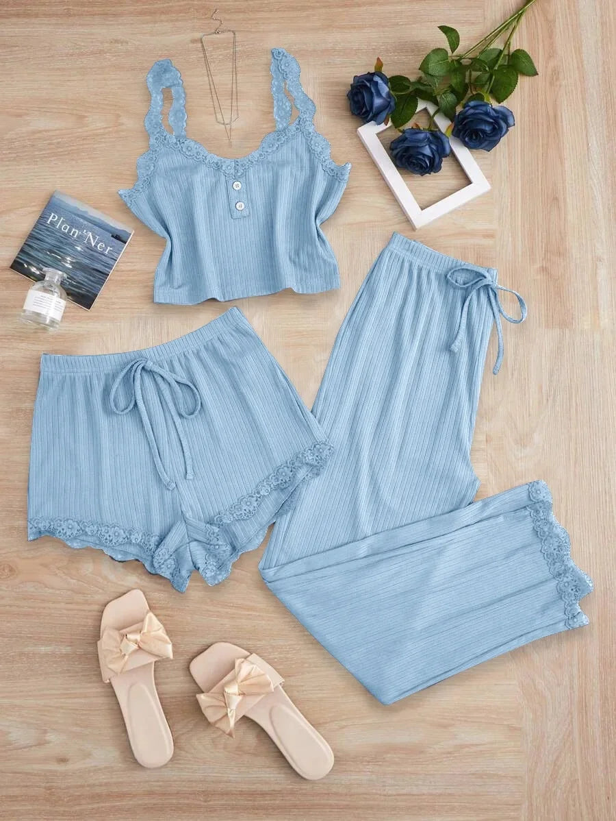 KAELAH Lace Trim Three-Piece Set Slim Fit Home Clothes Nightgown