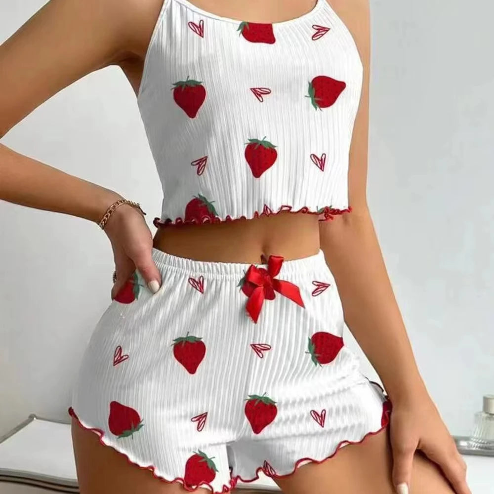 KAELAH Strawberry Print Ribbed Knit Ice Silk Camisole Pajama Set Comfortable